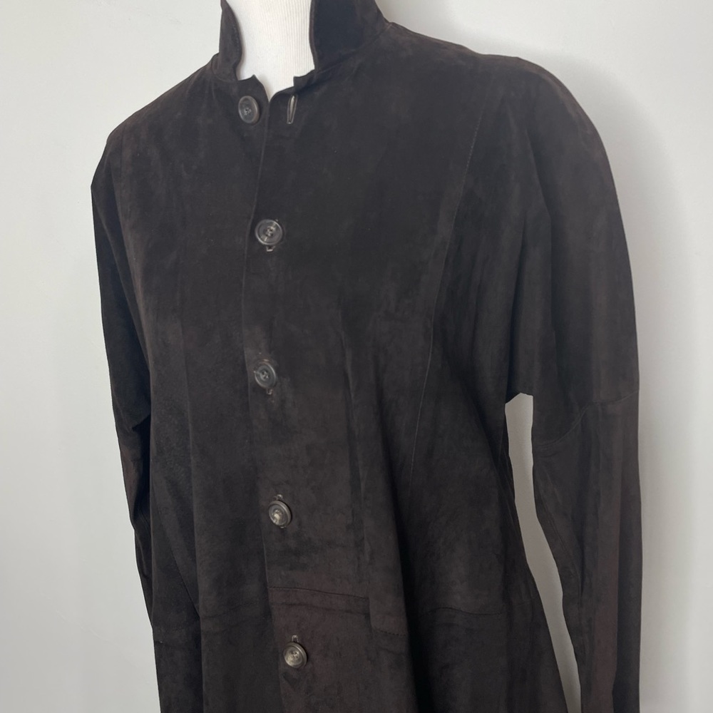 Eskandar Dark Brown Leather Suede Long Trench Jacket Dress Mandarin Collar
